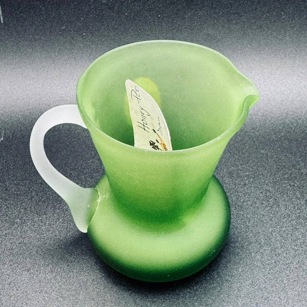 Pilgrim Glass‎ Handblown Frosted Satin Lime Green Mini Pitcher Vintage Name Tag